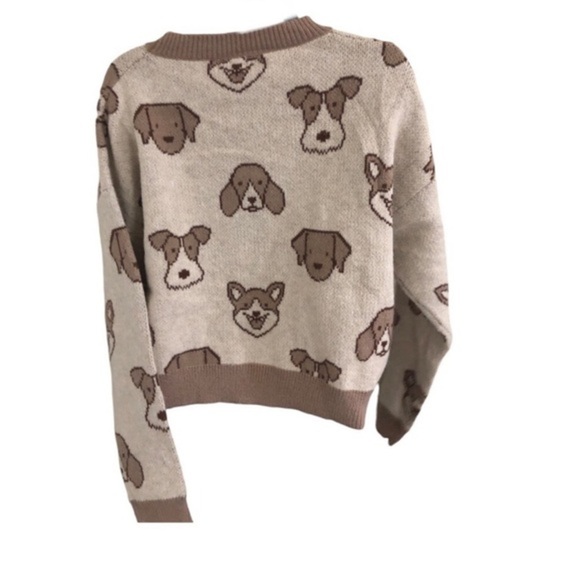 Beige cream brown adorable puppy dog face print long sleeve sweater size medium - Picture 10 of 16